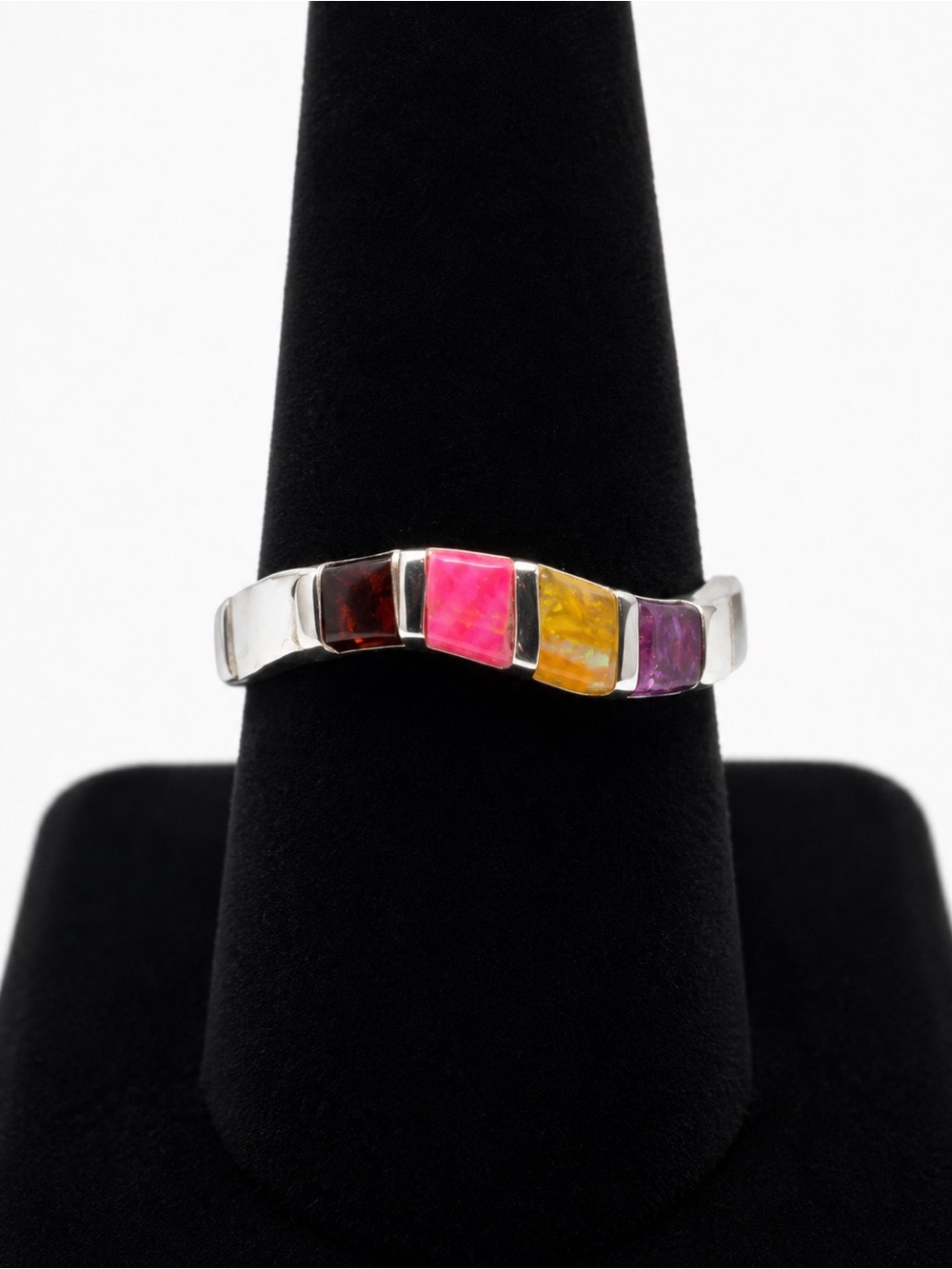 Multicolor Opal Inlay and Sterling Silver Native Handmade Ring (Size 8) - NEW